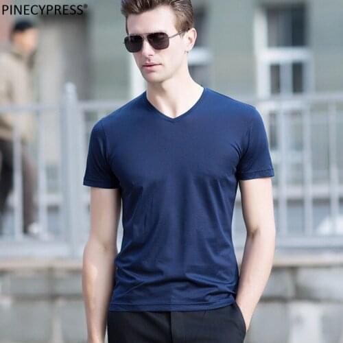 Men T-shirt Lyocell Cotton Natural Silk Short Sleeve Soft Blue White Green Fashion 2018 Summer Cool Male Tee Man V-neck T Shirt