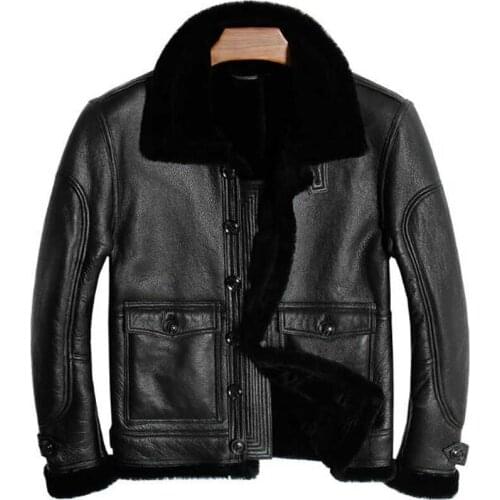 Mens Sheepskin Coat Winter Genuine Leather Jacket Motorcycle Pilot Basic Vintage Black Fur Collar Classic Thick Warm Cashmere