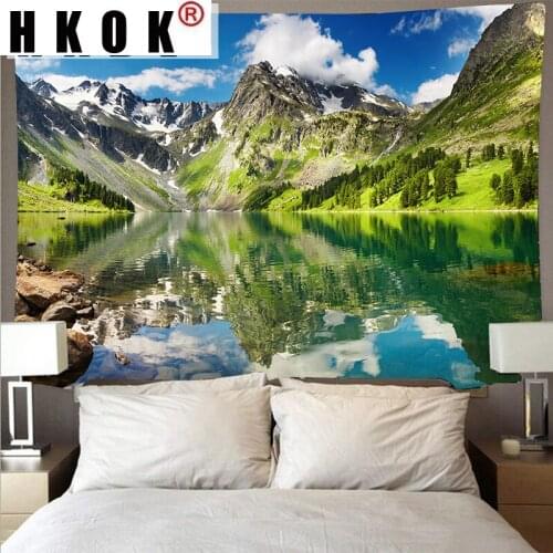 HKOK Mountain Rolling Forest Lake Scenery Cheap Tapestry Art Psychedelic Wall Hanging Beach Towel Mandala Thin Blanket Decor