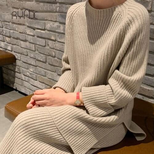 RYFIX New Fashion 2021 Winter Womens Thicken Warm Knitted Pullover Sweater Two-Piece Suits +High Waist Loose Wide Leg Pants Set