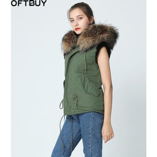 OFTBUY 2021 brand new army green winter jacket coat women fur vest natural Real big raccoon fur collar hooded Outerwear parka