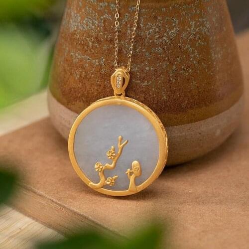 Original S925 Sterling Silver Gold Plated Natural Emerald Pendant Retro National Style Plum Blossom Temperament Lady Peace Buckl