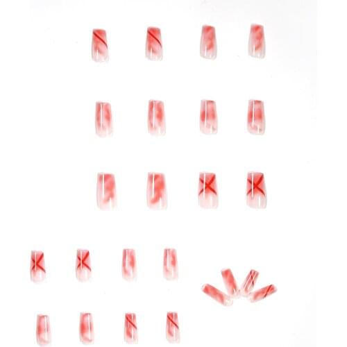 24pcs Red Nail Patch Glue Type Removable Long Paragraph Fashion Manicure Save Time False Nail Patch SANA889