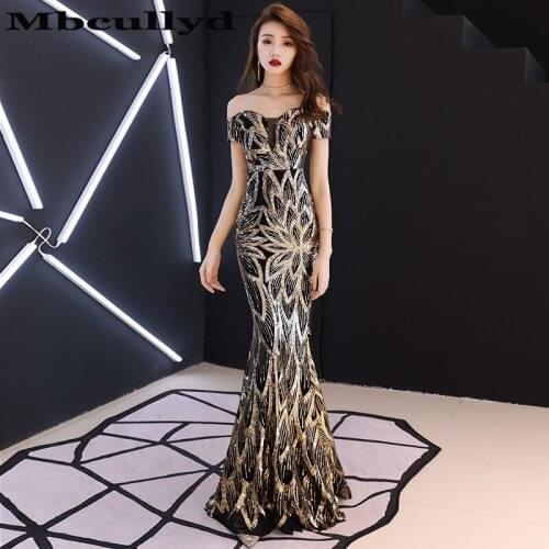 Mbcullyd Elegant Mermaid Long Prom Dresses 2020 Pink Gold Sequin Off Shoulder Formal Vestido de festa longo Eveaning Gala Dress