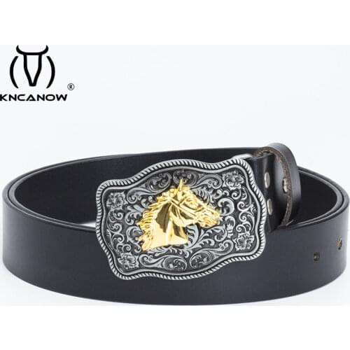 Man Belt Leather Genuine Cowboy Metal Strap Horse Buckle Texas Fashion Western Male Jeans Accessories Years Christmas Gift
