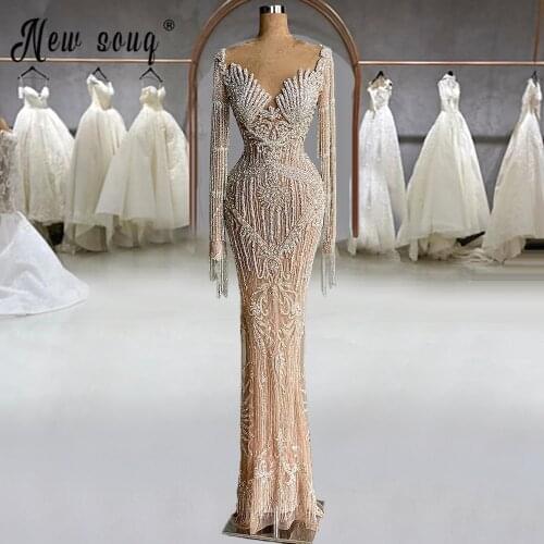 Dubai Luxury Celebrity Dresses Full Handmade Beads Sparkly Mermaid Evening Gown For Women Long Sleeve De Soiree