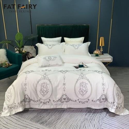 Luxury White Satin Cotton Embroidery Bedding Set Soft Silky Double Duvet Cover Set 1 Bed Linen Fitted Sheet 2 Pillowcases 4Pcs
