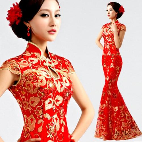 Modern chinese traditional dress long cheongsam red xxxl phoenix plus size cheongsam wedding dress fishtail red lace in sequin