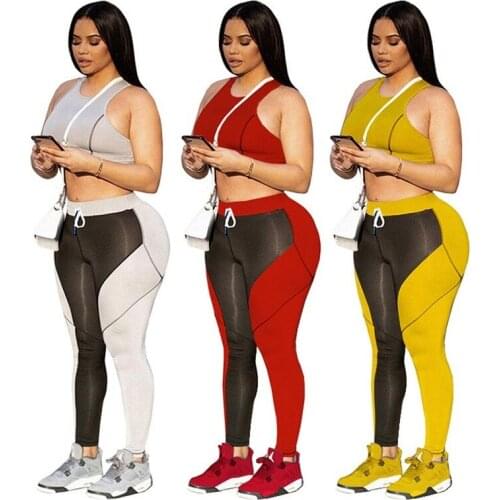 Sleeveless 2 Pieces Patchwork Tracksuit Sets Sexy Tank Crop Top and Drawstring Long Pants Summer Sportwear Casual Outfits 2021