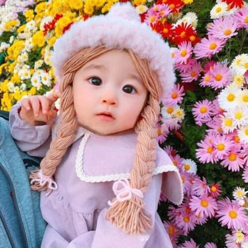 Warm Soft Plush Ball Pompom Kids Handmade Knitted Cap with Braids Children Autumn Winter Fashion Wigs Hat Plaits Wig Bonnet Phot
