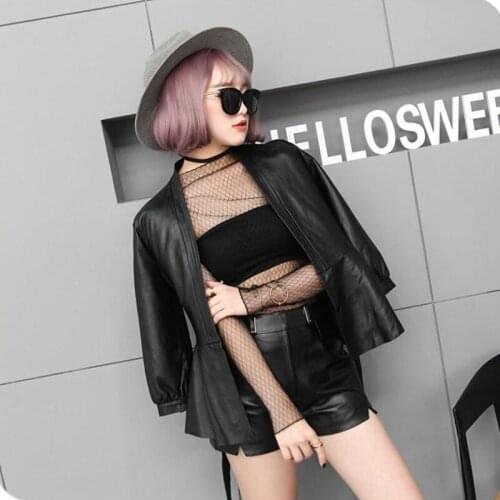 Office Lady With Belt Genuine Jackets Women Black Slim V-Neck Short Real Sheepskin Jacket Sheep Leather Coats Fashion