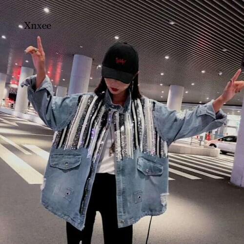 Ladies ripped jeans coat womens drawstring cotton denim jacket oversize sequins jean jacket punk hip pop Sequin denim coat