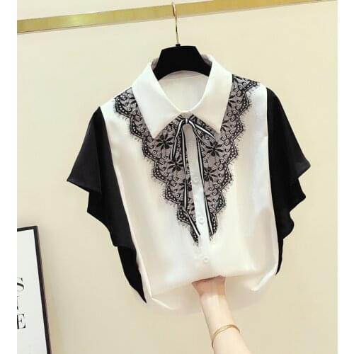 2021 Summer Women Turn Down Collar Chiffon Lace Shirt Blouse Short Sleeves Shirts Tops Ladies Blouuse Blusas