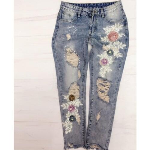 Women Fashion Embroidery Flower mid Waist ankle length Jeans Elegant Hole Beads Denim Pants Elastic Casual
