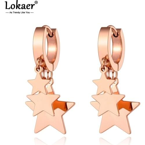 Lokaer Office Design Titanium Stainless Steel Bohemia CZ Crystal Star Earrings For Women Trendy Rose Gold Hoop Earrings E20247