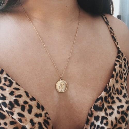 2020 Rose Flower Pendant Necklace For Women Vintage Simple Coin Gold Color Chains Carved Figur Medallion collares collier femme