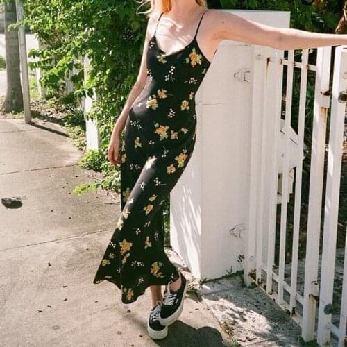 Womens Sling Dress 100% Silk Campanula Flower Print Sleeveless Sexy Spaghetti Strap Robe Summer 2021