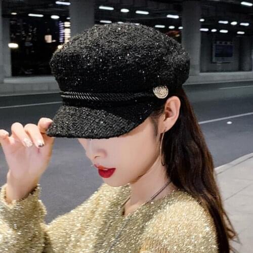 Utumn Winter Chain Black Wool Military Berets for Women Female Flat Army Cap Salior Hat Girl Travel Berets Ladies Painters Cap
