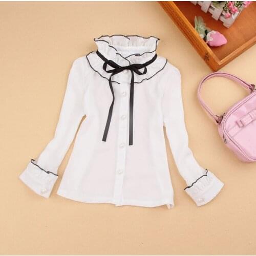 Spring Fall Ruffle Collar Girls White Blouse Chiffon Bow Tie Patchwork Big Girls Blouse Long Sleeve School Girl Shirt Kids Tops