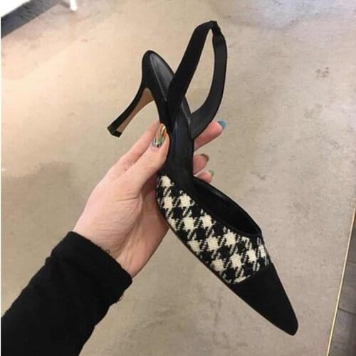 Size 35-40 Womens Sandals Summer Female Platform 6.5cm Thin Heel Shoes Pumps Houndstooth Ladies Pointed Toe Sexy Sandalias