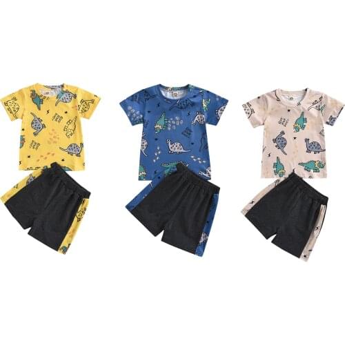 2Pcs Children Summer Tracksuits, Cartoon Dinosaur Short Sleeves T-Shirt with Elastic Waist Shorts for Boys, 3 Colors 1-5T
