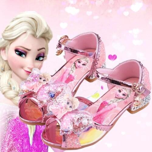 Disney Frozen Sandals For Baby Girls Elsa Princess Kids Leather Shoes High Heel Summer Sandals Butterfly Knot Party Dress