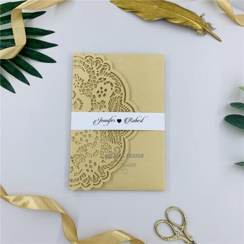 Elegant Gold Laser Cut Wedding Invite With Personalzied RSVP card&Belly Band, Fancy Quinceanera Invitations