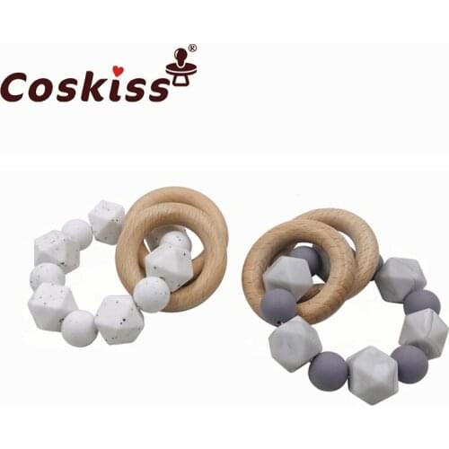 Baby Teether Bracelet Beech Wooden Ring Natural Teething Grasping Toy Silicone Bead Toddler Teether Newborn DIY Baby Gift