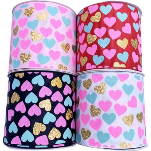 1 yard 75mm Heart Bronzing Printing Grosgrain Ribbon for DIY Craft Hair Bow Gift Wrapping Sewing Clothing Accessories Decor