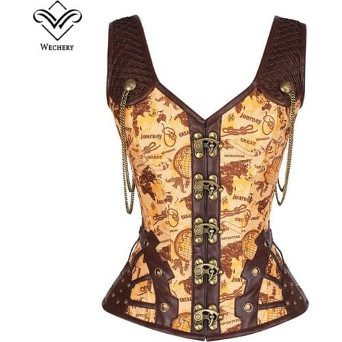 Steampunk Corset Gothic Leather Corset Sexy Corsage Corselet Corsets Strap 12 Steel Bone Brass Chain Straitjacket Bodice