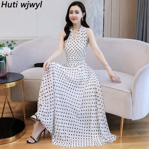 2021 Korean Plus Size Boho Sexy Midi Sundress Elegant Women Bodycon Party Vestidos Summer Vintage White Dot Chiffon Beach Dress
