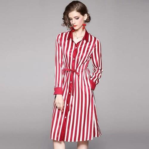 Fashion Turn-down Collar Red Striped Shirt Dress Women Full Sleeve Button Down Lace-up Spring Summer Dress Plus Size Vestidos k8