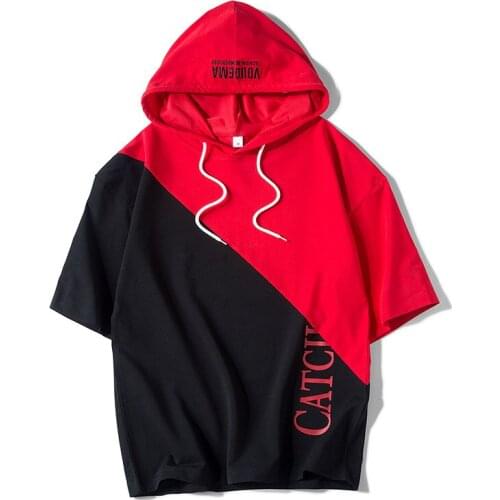 Hooded Slim Men 2021 Fashion Two colors Patchwork T Shirt Short Sleeve Casual Hoodies Homme Hip Hop Cotton men Summer T-shirt
