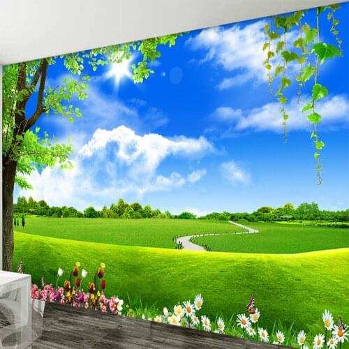 Custom 3D Mural Wallpaper Blue Sky White Cloud Tree Scenery Living Room TV Sofa Background Non-Woven Straw Wallpaper Decor Mural