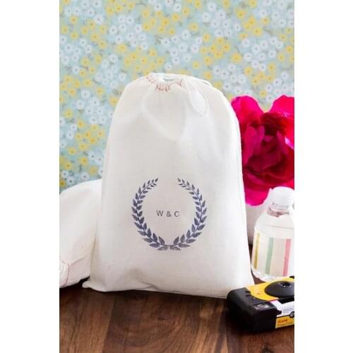 Personalized Laurel Wreath wedding welcome bags, Bachelorette Hangover relief Kits Jewelry gift Bags muslin pouches gift bags