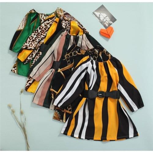 2021 2-7Y Boho Kid Baby Girls Dress Floral/Striped/Leopard Print Round Neck Tunic Long Sleeve A-line Dress With Belt Spring Fall