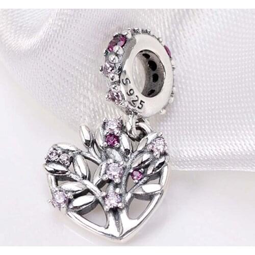 Original Pink Heart Family Tree With Crystal Pendant Beads Fit 925 Sterling Silver Charm Bracelet Bangle Diy Jewelry