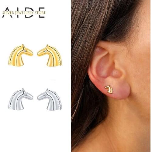 AIDE Personalized 925 Sterling Silver Stud Earrings For Women Punk Mini Glossy Horse Shape Piercing Earings Fine Jewelry brincos