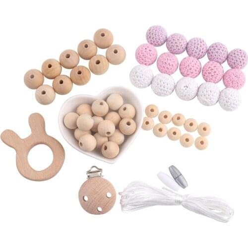 1 set Wooden Rabbit Pink Series DIY Set Food Grade Wooden Teether Nursing Baby Crochet Beads Baby Accessories Toys Teethers