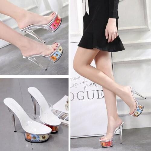 15cm Clear Heels Womens Flower Wedges Pumps Sexy PVC Transparent High Heel Sandals Summer Ladies Sandals Women Gladiator Sandals