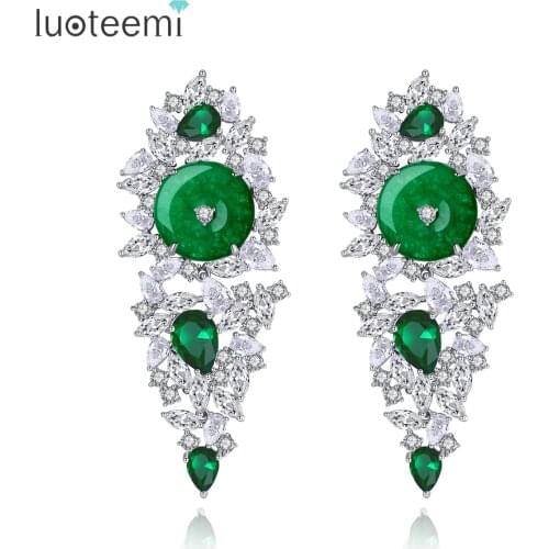 LUOTEEMI Emerald Drop Earrings Cubic Zircon Round Stone Crystal Retro Jewelry for Women Christmas Boucle D'Oreille Femme Gifts