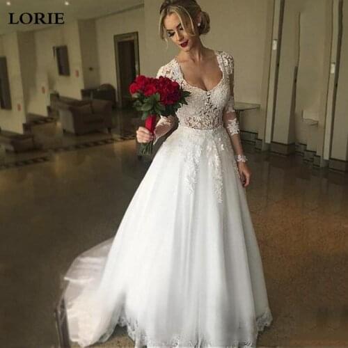 LORIE Princess Wedding Dresses Long Sleeve Appliqued Lace Bridal Dress Dubai Wedding Gowns V Neck Vestido de noiva 2020