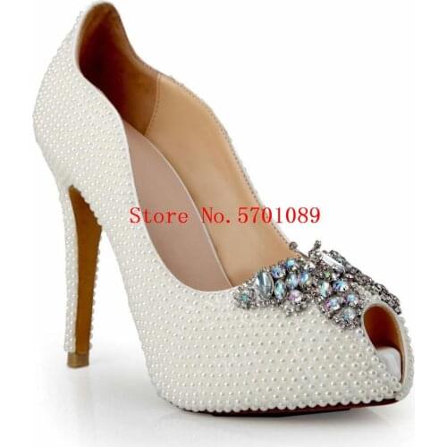 Butterfly Pearl High Heel Pearl Shoes Women Peep Toe Wedding Shoes Women Crystal Bride Wedding Shoes 12cm Heel 35-41