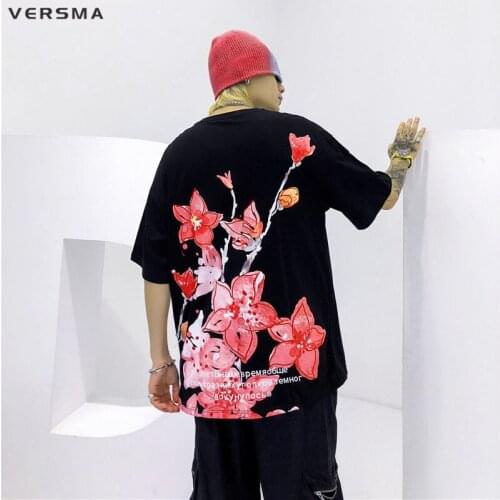 VERSMA Korean Ulzzang Harajuku Retro Flower Print T Shirts Women 2020 Summer Vintage Clothes Trendy Tops Oversize T-shirts Men