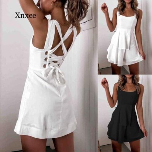 Cross Lace Up Backless a Line Vintage Dress Strap Cascading Ruffles Elegant Vestidos Party Mini White Black Sexy Dresses Female