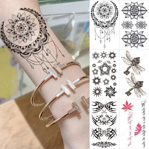 Waterproof Temporary Tattoo Sticker Flower Round Leaf Linear Henna Black Tatoo Arm Shoulder Flash Tatto Man Woman Child Tattoos