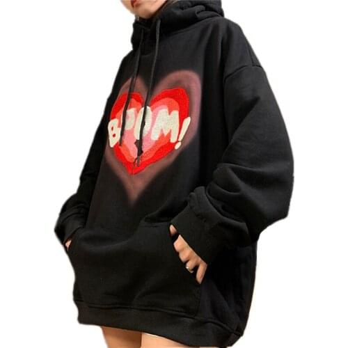 Autumn Women Letter Flocking Hoodies Broken Love Heart Gradient Hooded Sweatshirt Casual Daily Pullover Top Fashion Streetwear