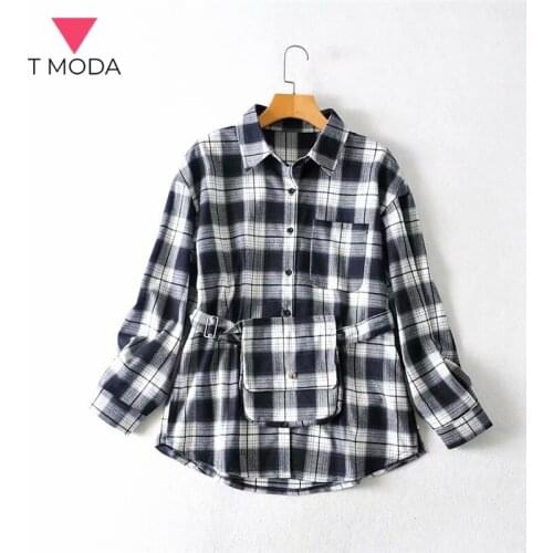 T MODA Autumn Women Oversize Thick Plaid Shirt With Waist Bag Blouse Outwear Jacket Vintage Hit Color Ladies Loose Woolen Tops