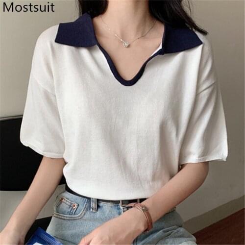 Color-blocked Knitted Pullover Sweater Women Short Sleeve V-neck Knitwear Tops Korean Casual Fashion Loose Jumpers Femme 2021