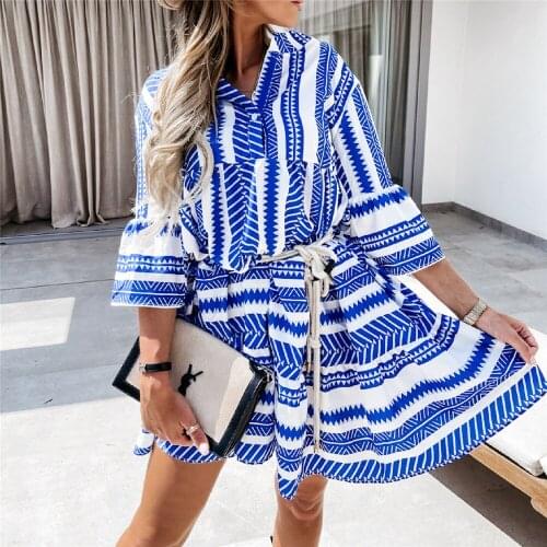 2021 Woman Geometric Print Flare Sleeve Dress Autumn Summer V Neck Casual Loose Ruffled Mini Dresses Holiday Boho Party Sundress